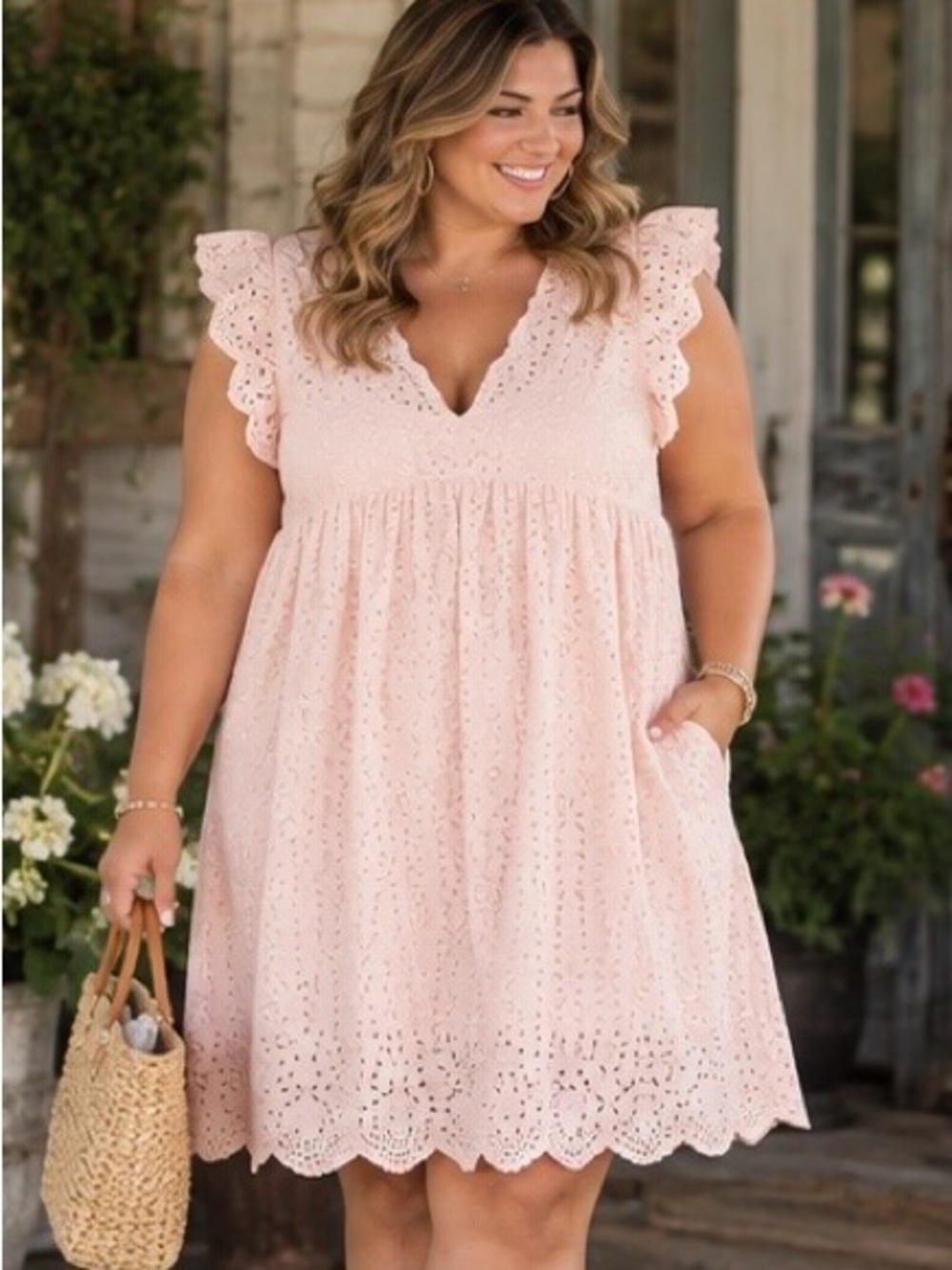 Smocked V-Neck Eyelet Flutter Sleeve Dress - Pink